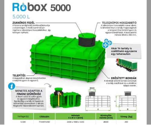 RoBox 5000 L szögletes tartály 2690x1890x1200mm szivattyú és fedél nélkül